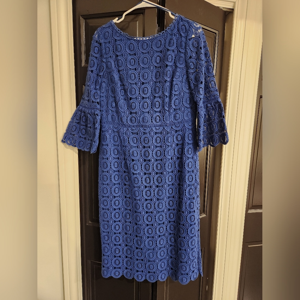 Boden Blue Lace Sheath Dress 3/4 Sleeve, Bell Sleeve, Size 10L US (14L UK)